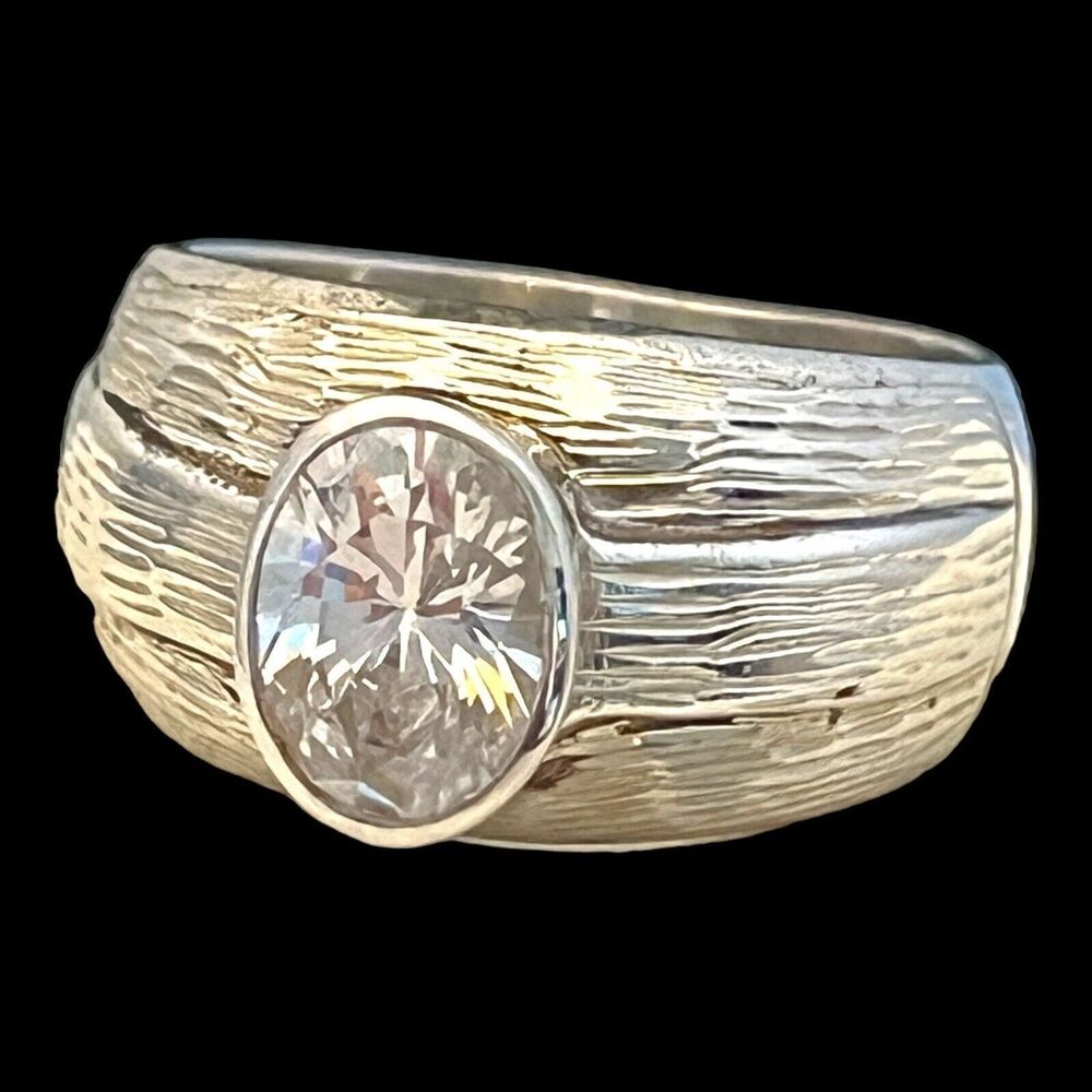 Vintage 1970s 925 ND Sterling Silver CZ Solitaire Ring Textured Band Size 9 - 4B